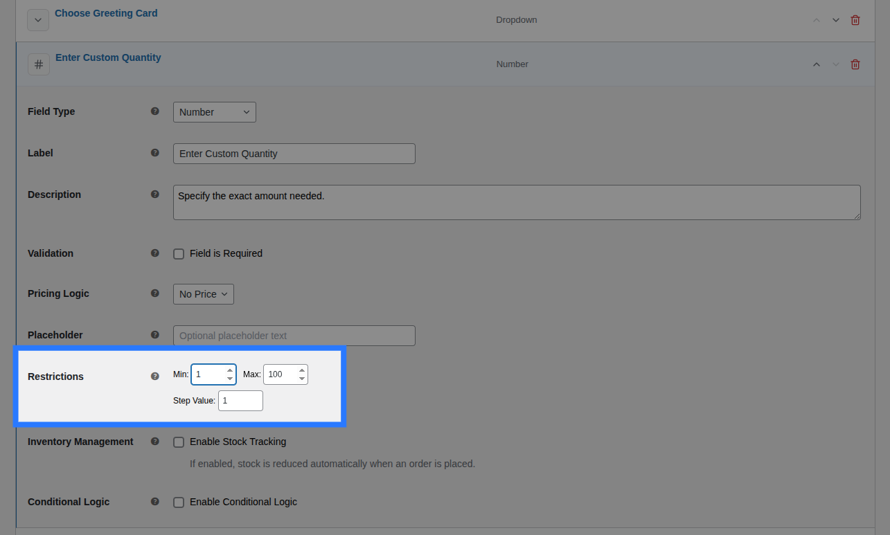 Backend view of Restrictions settings for Number field