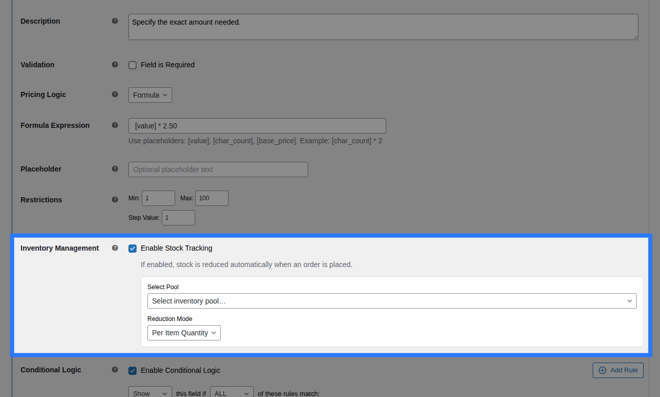 Backend view of Stock tab for Number field