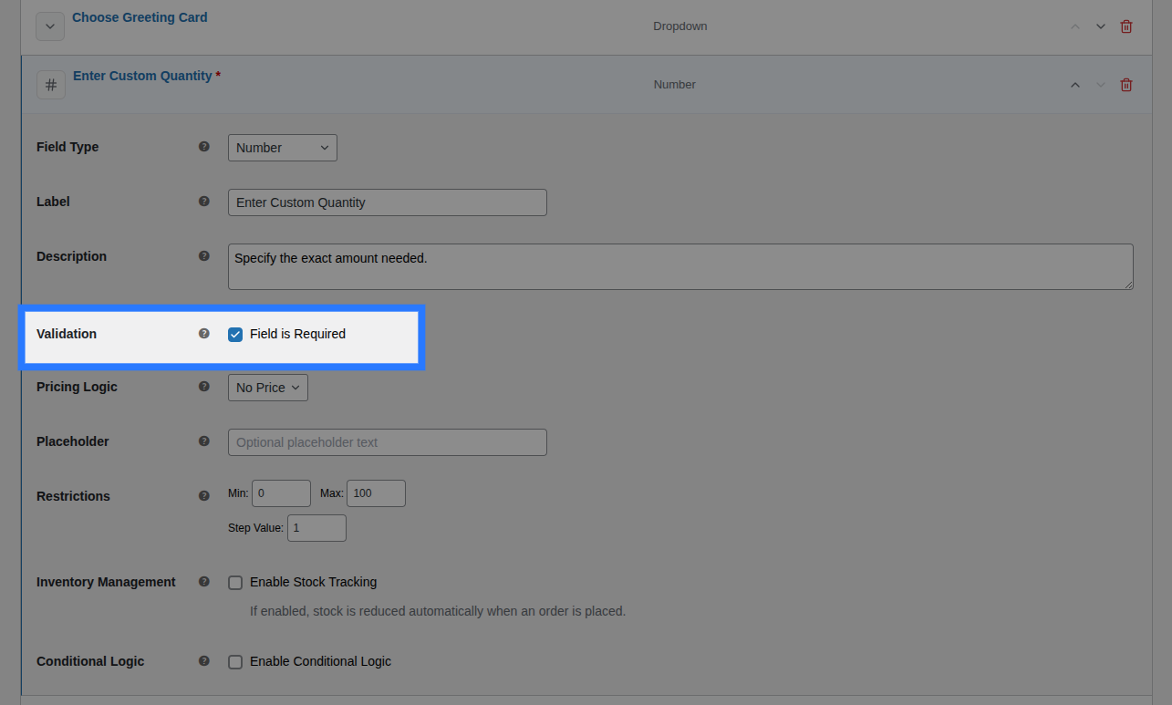 Backend view of Validation settings for Number field