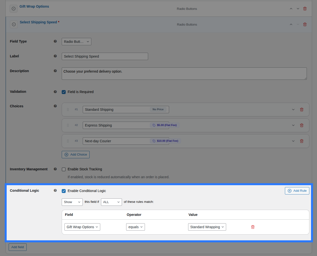 Backend view of Conditions tab for Radio Buttons field