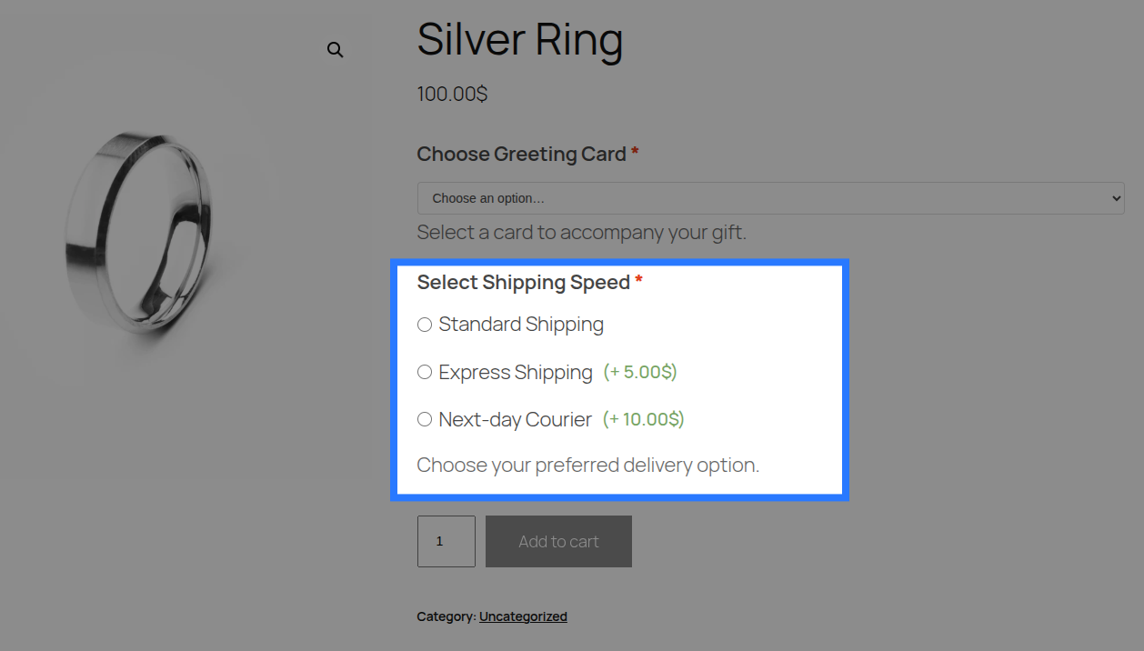 Radio button field on a product page showing three choices, with price badges beside two of them, one radio selected