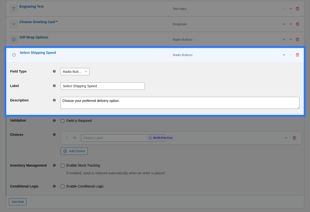 Backend view of General settings for Radio Buttons field