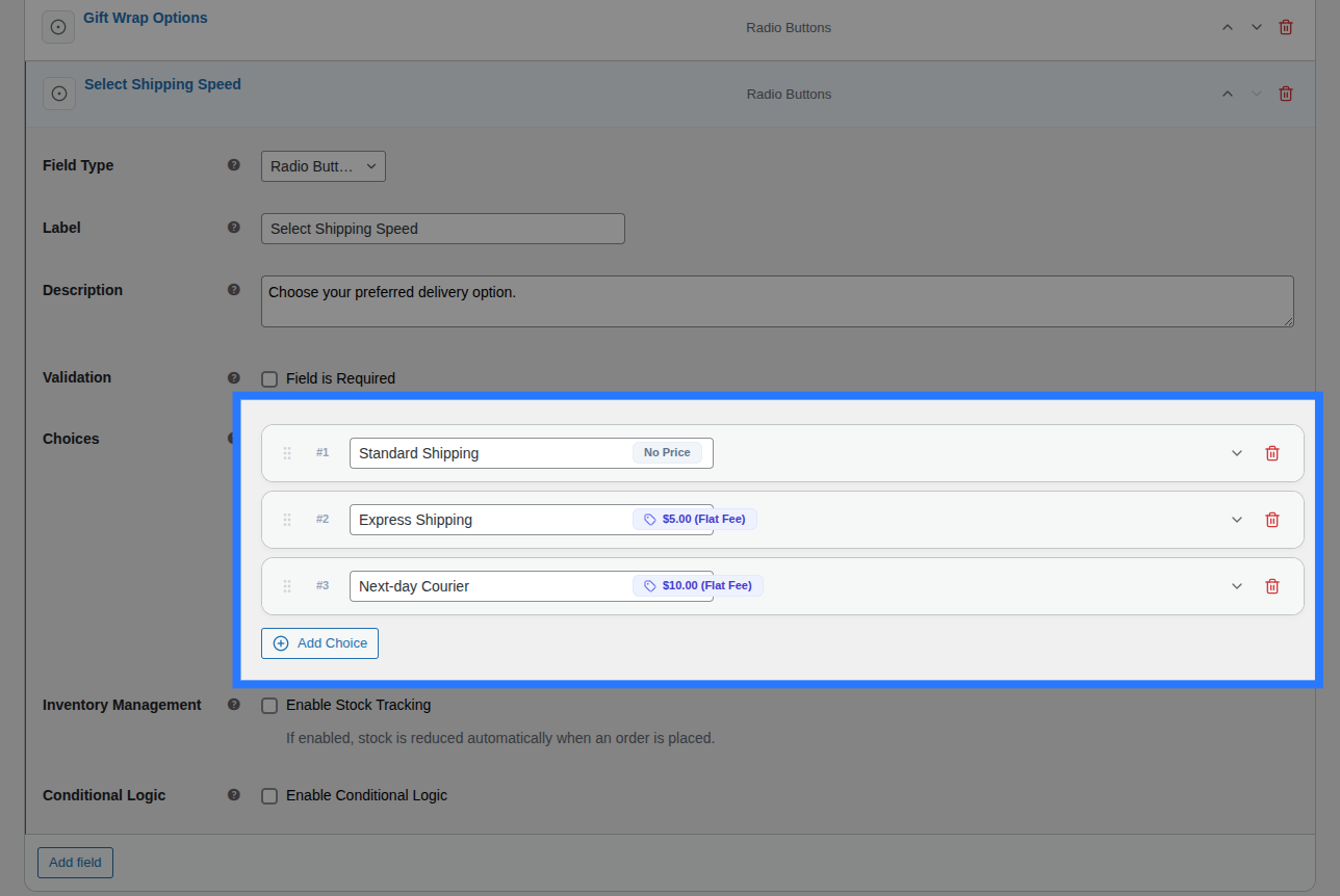Backend view of Options block for Radio Buttons field