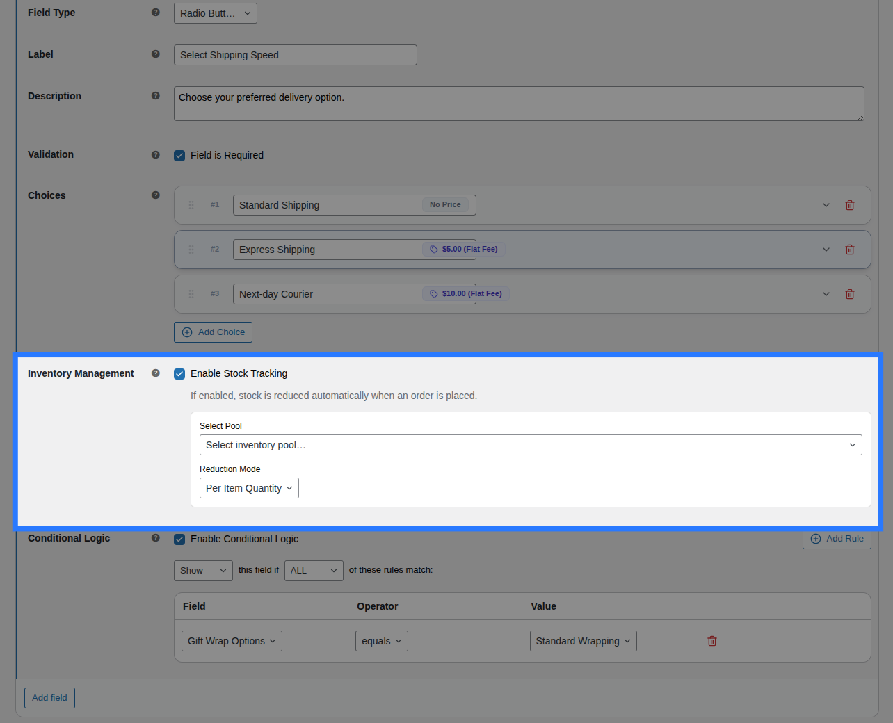 Backend view of Stock tab for Radio Buttons field