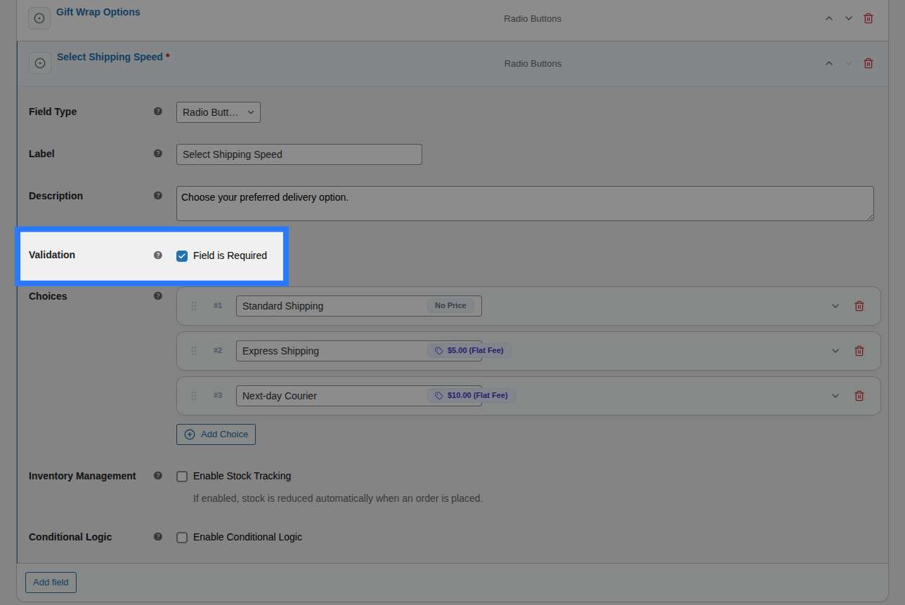 Backend view of Validation settings for Radio Buttons field