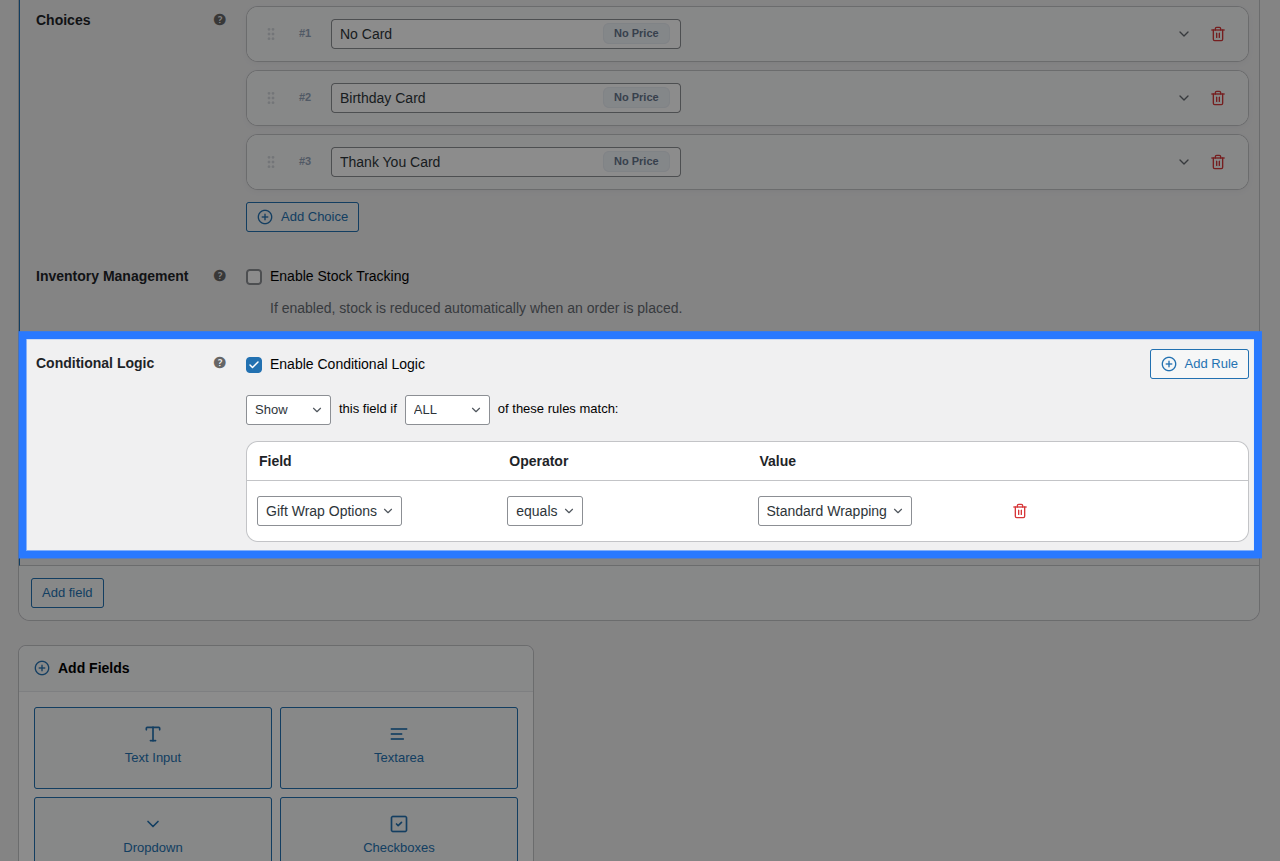 Backend view of Conditions tab for Select field