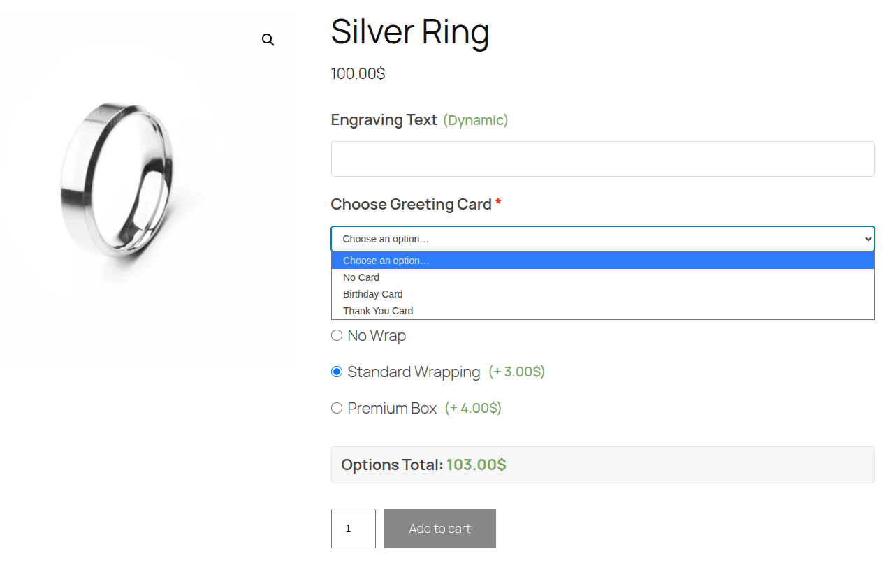 A Select Dropdown field on a WooCommerce product page, dropdown open showing price-labelled options