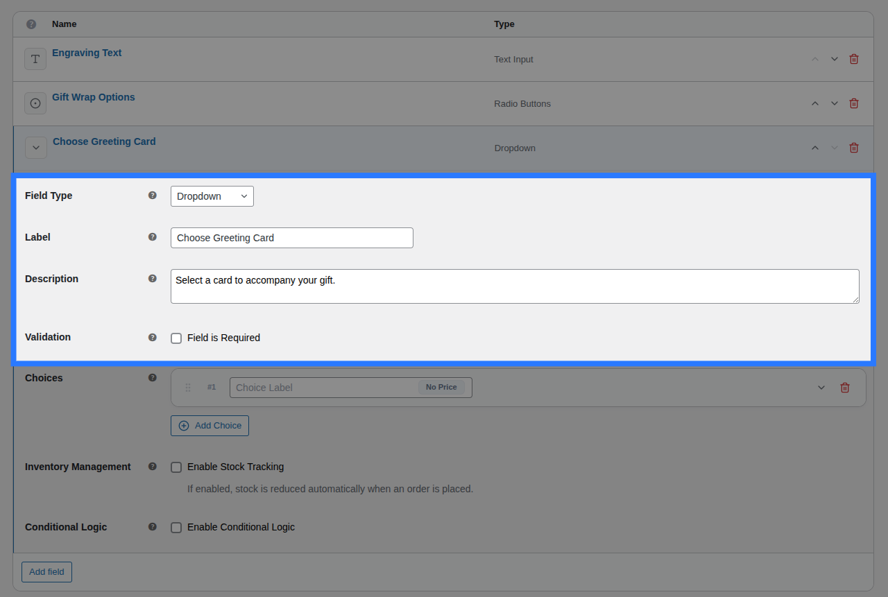 Backend view of General settings for Select field