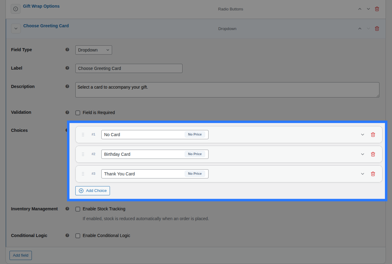 Backend view of Options block for Select field