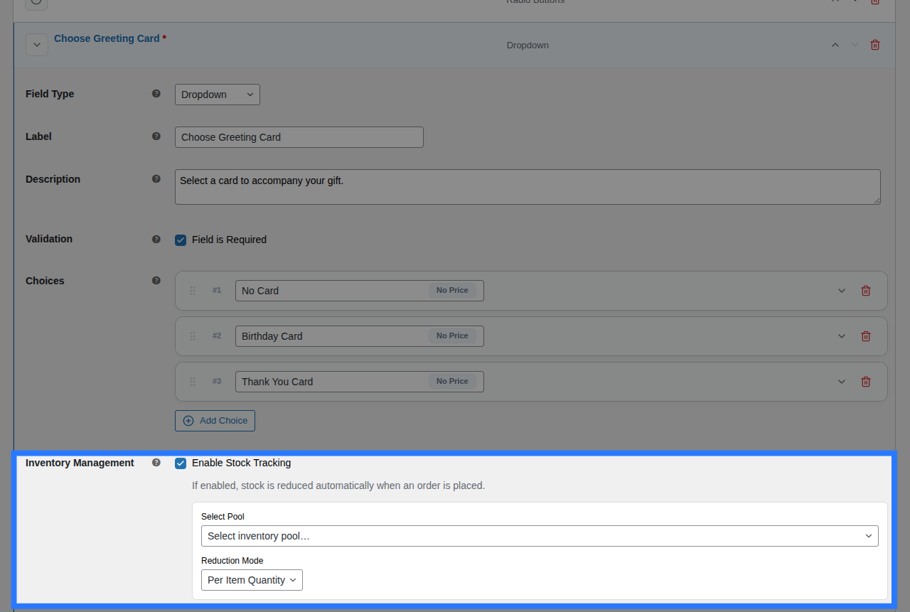 Backend view of Stock tab for Select field