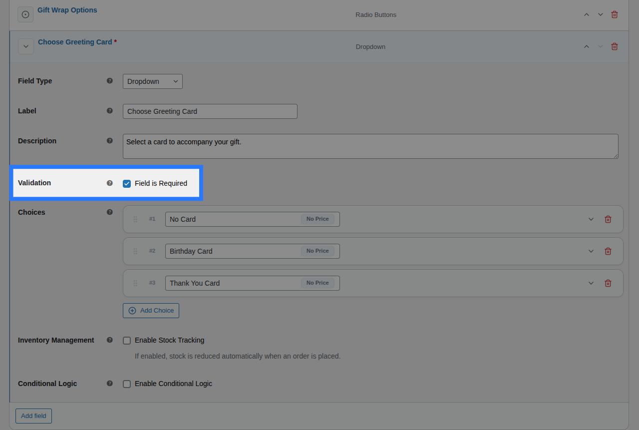 Backend view of Validation settings for Select field