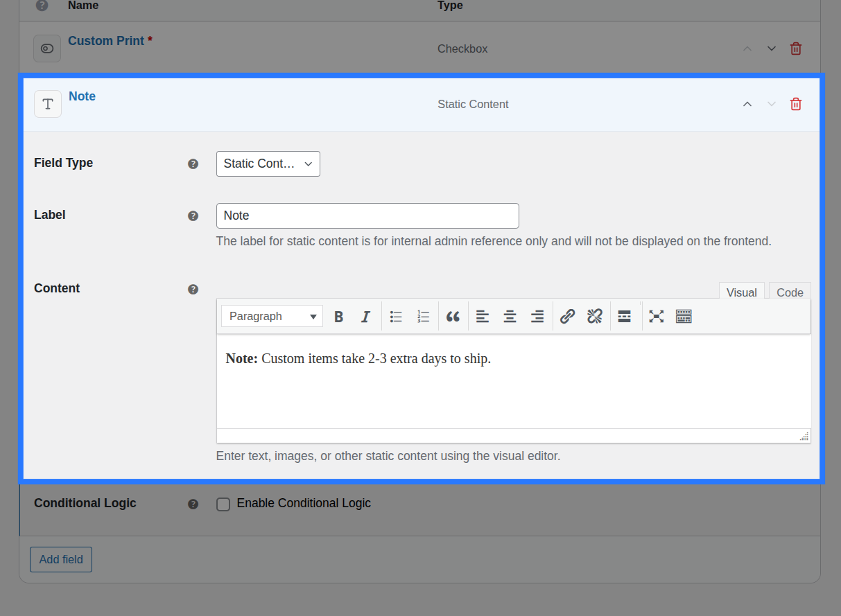 Backend view of Conditions tab for Static Content field