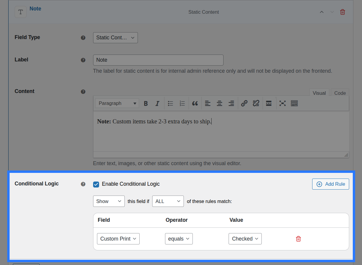 Static Content field on a product page showing a styled heading and an information callout above the product option fields
