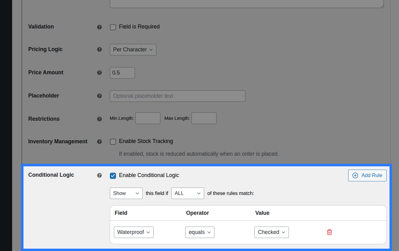 Backend view of Conditions tab for Text field
