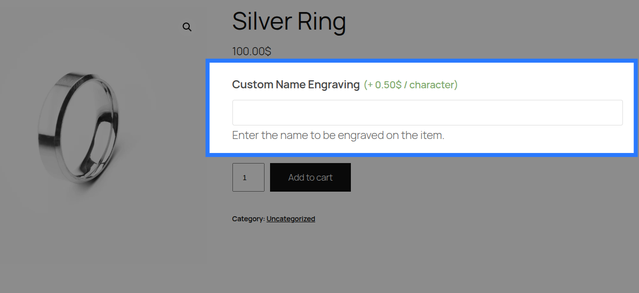 Text Input field rendered on the frontend product page