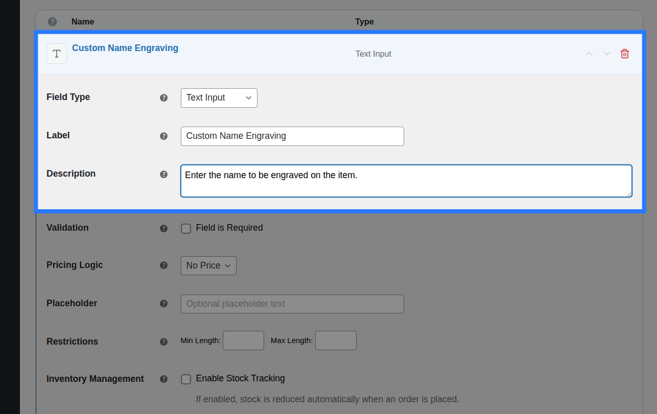Backend view of General settings for Text field