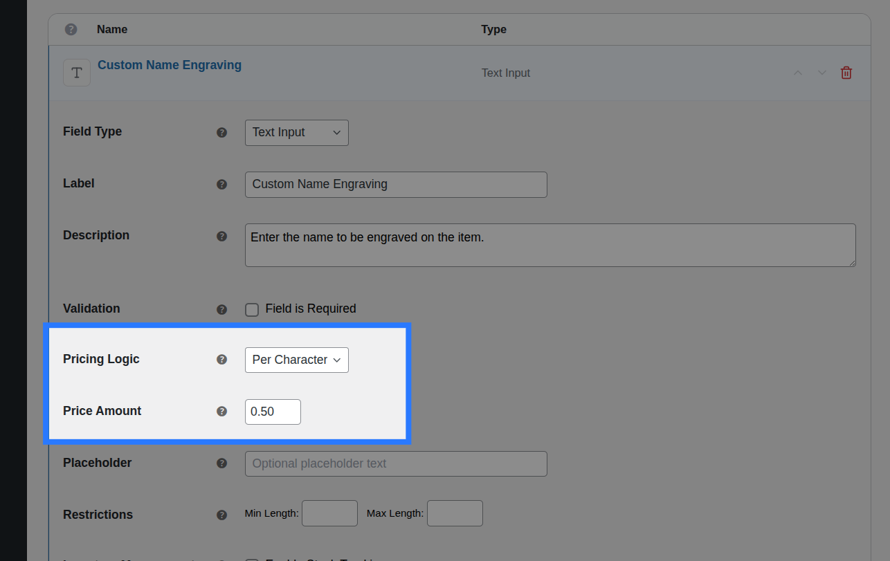 Backend view of Pricing settings for Text field