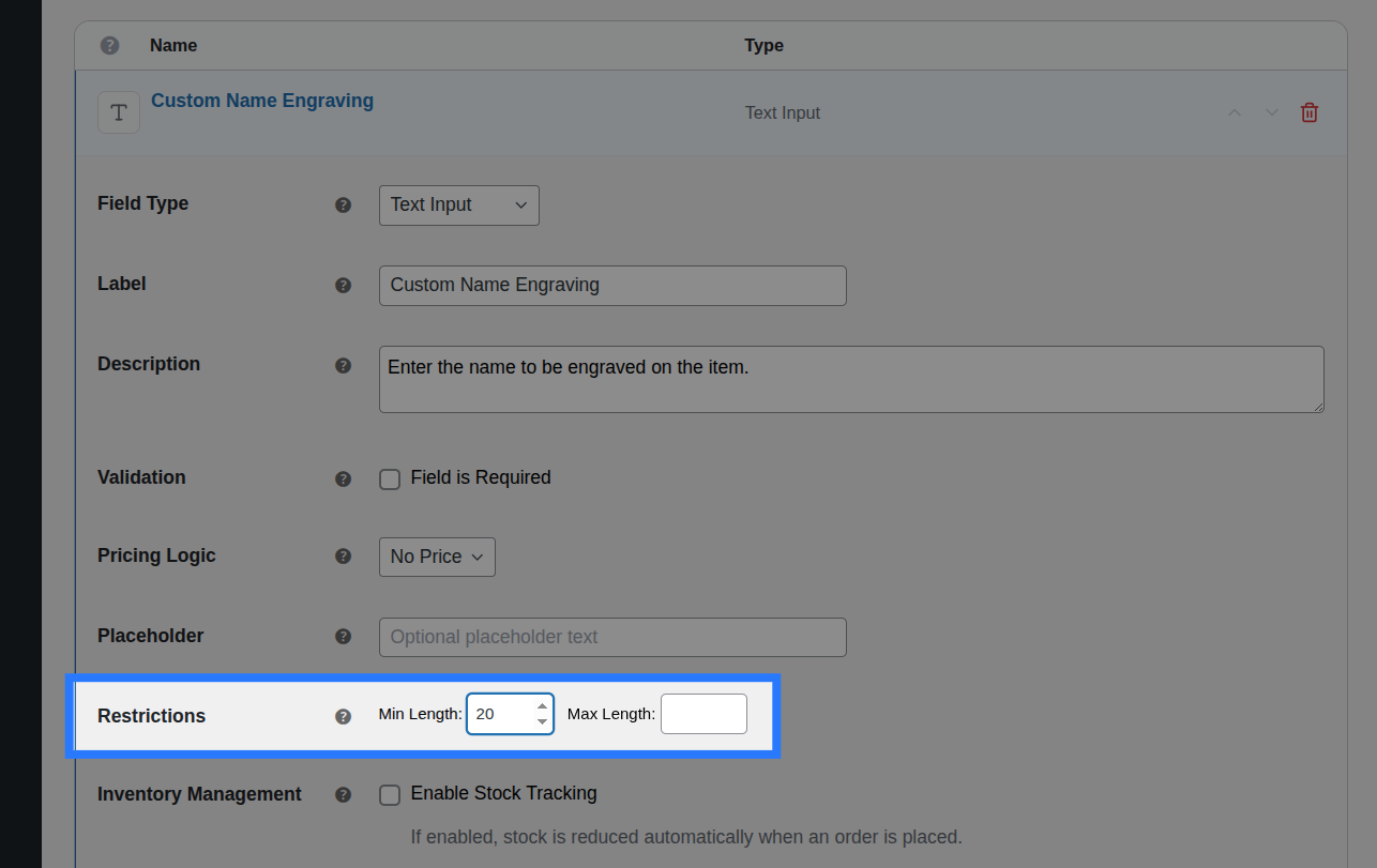 Backend view of Restrictions settings for Text field