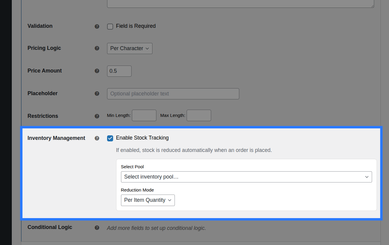 Backend view of Stock tab for Text field