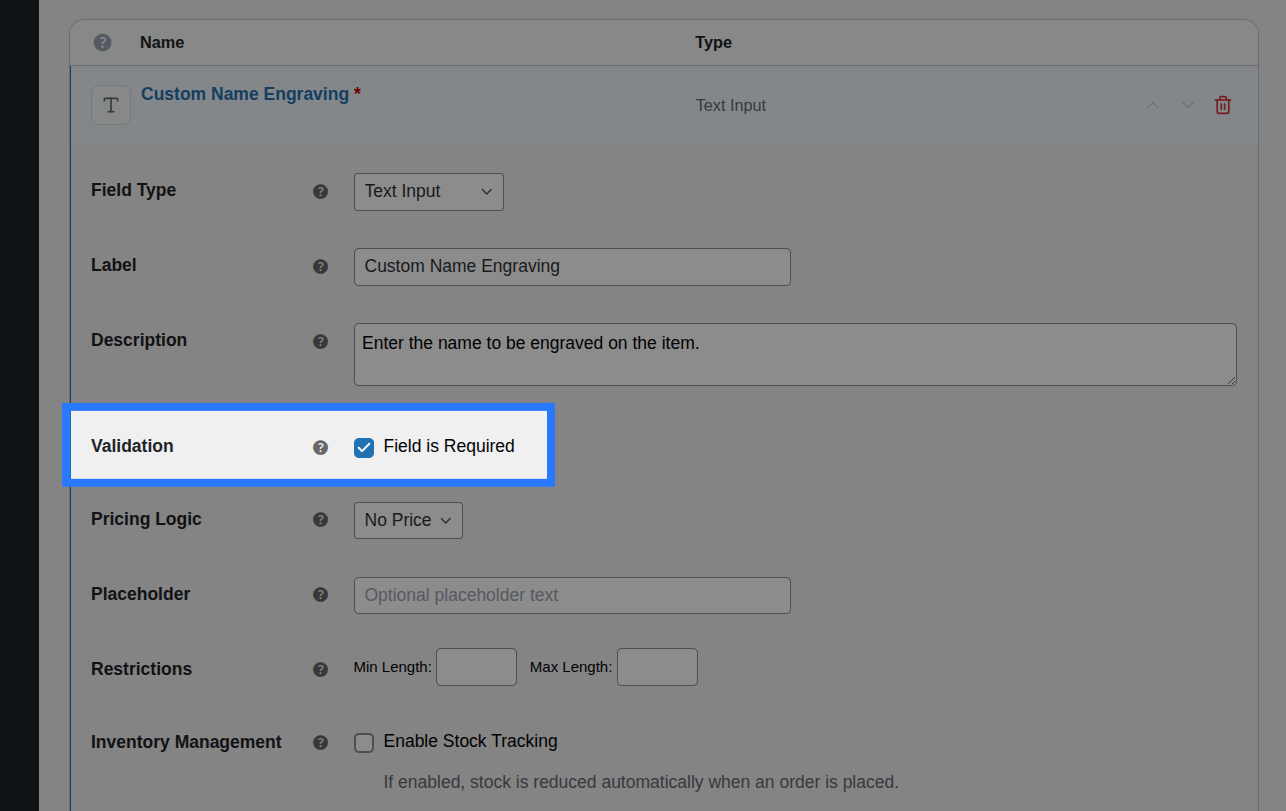 Backend view of Validation settings for Text field