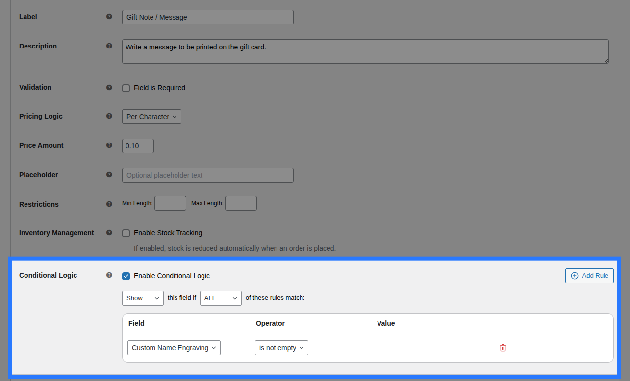 Backend view of Conditions tab for Textarea field
