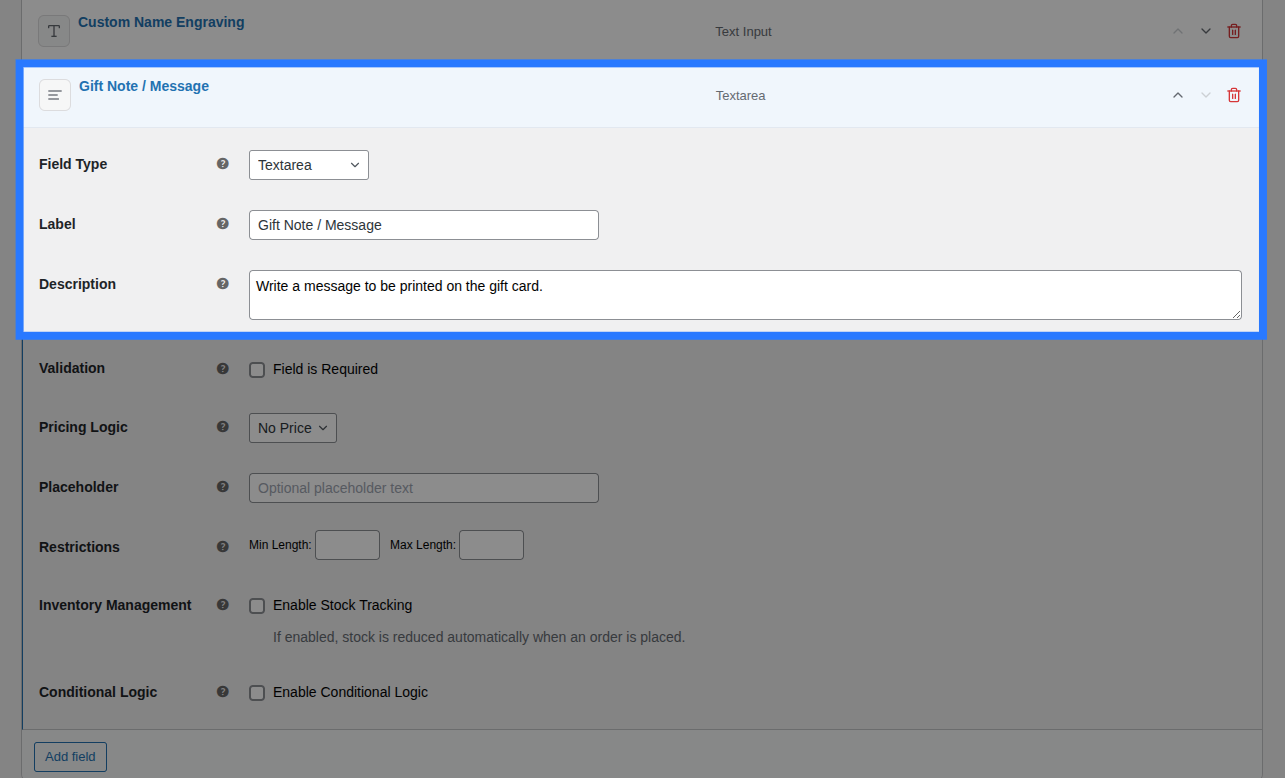 Backend view of General settings for Textarea field