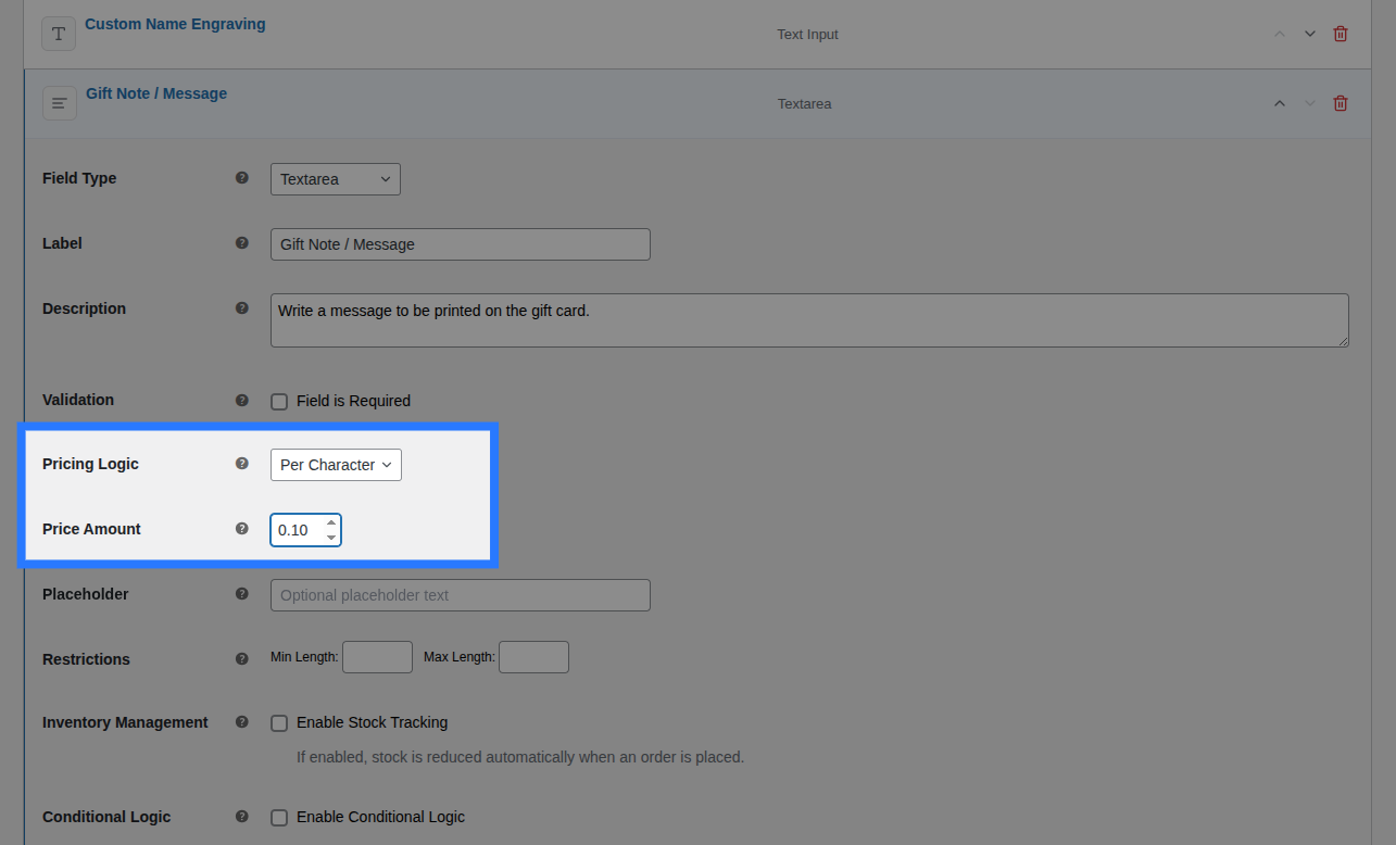 Backend view of Pricing settings for Textarea field