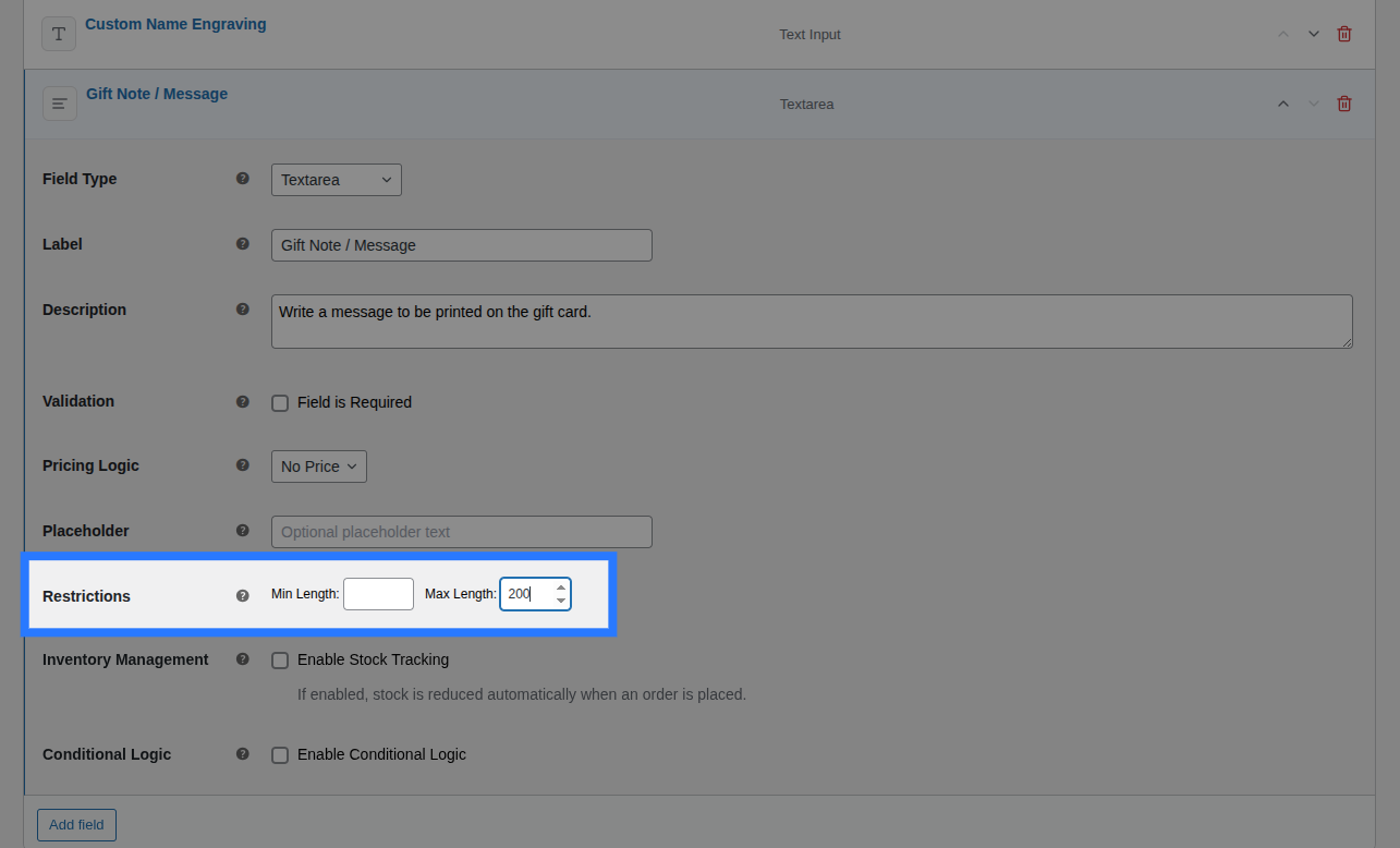 Backend view of Restrictions settings for Textarea field