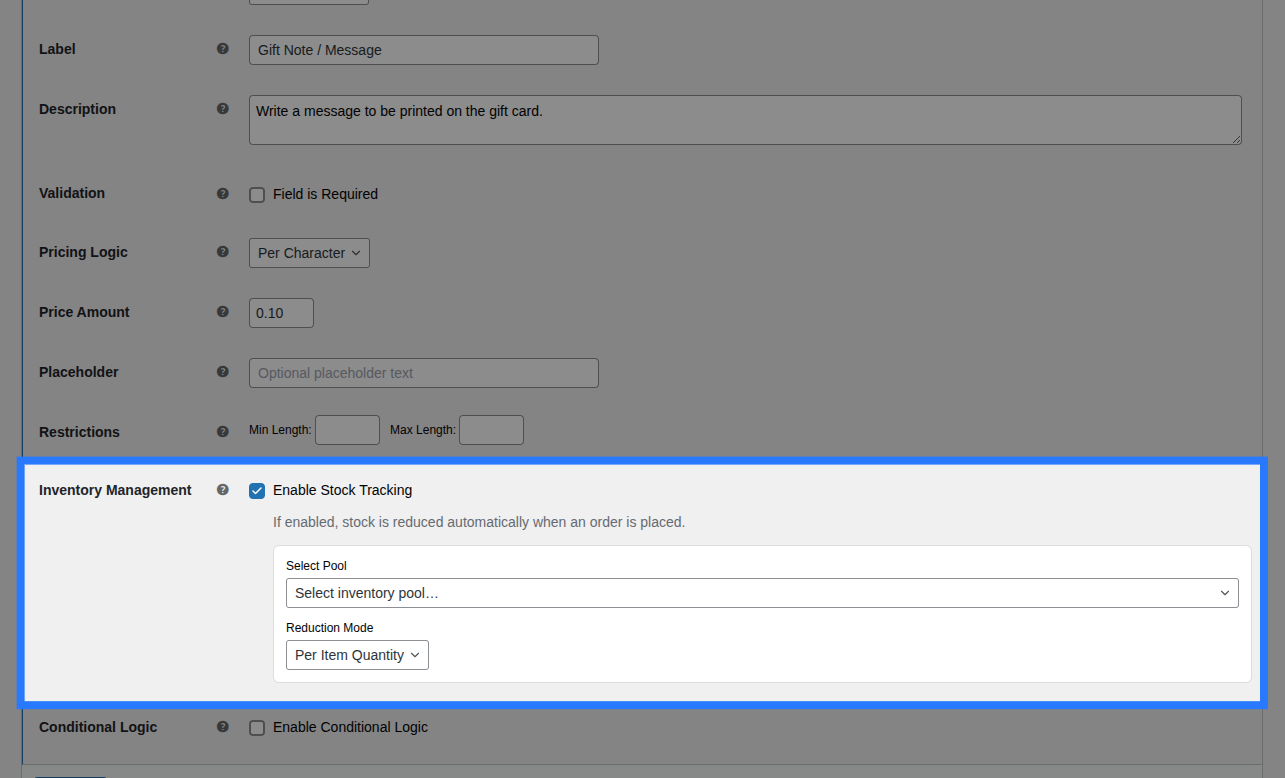 Backend view of Stock tab for Textarea field