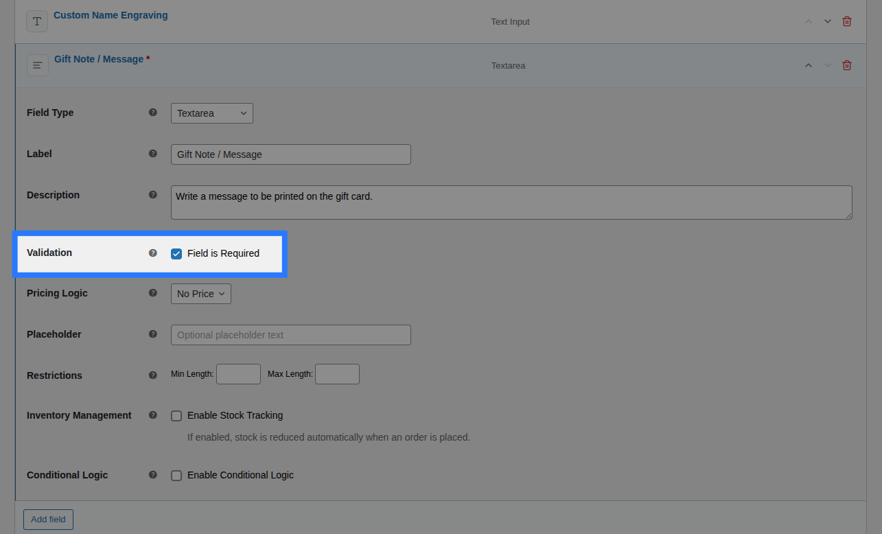 Backend view of Validation settings for Textarea field