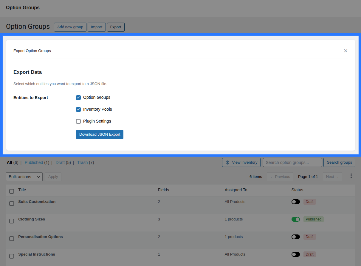The Import panel with a textarea for pasting JSON and a file upload button