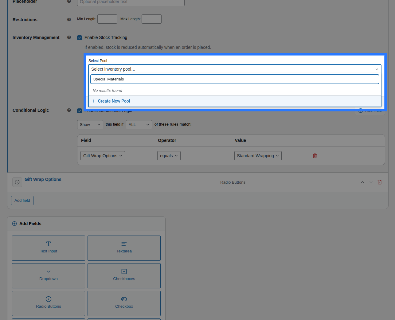 Stock tab inside the Addon Builder showing the inventory search input with a "Create new" option in the dropdown