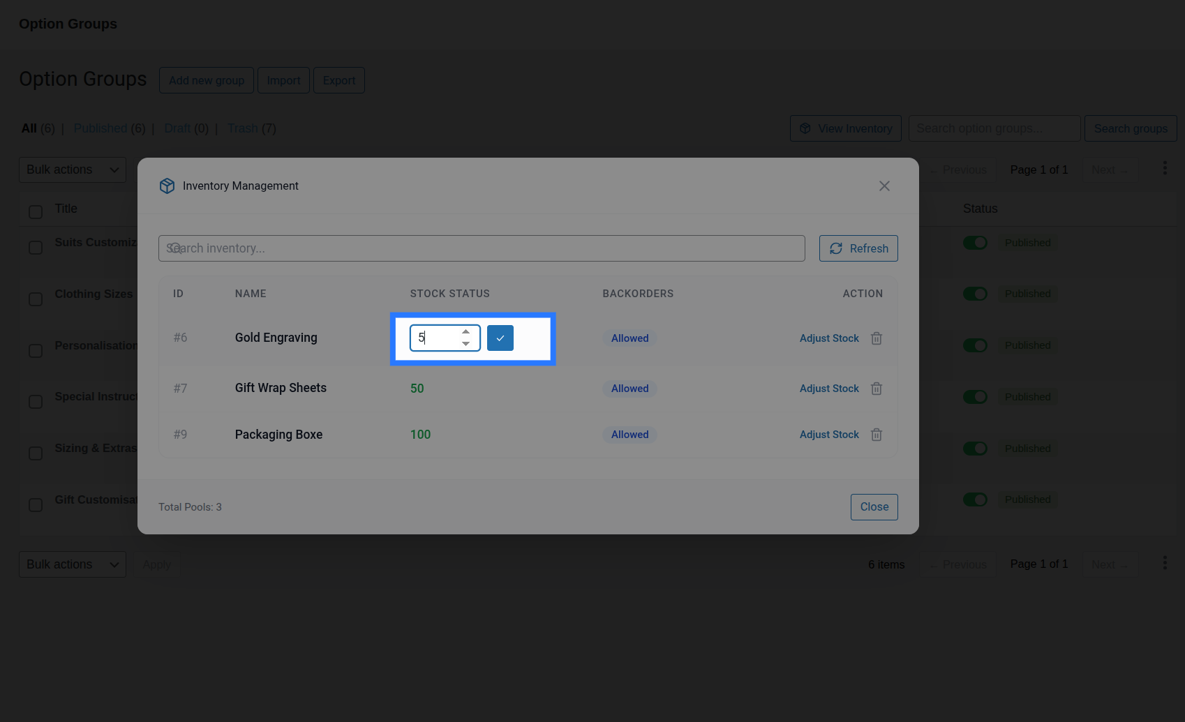 Editing a stock item inline inside the inventory modal table