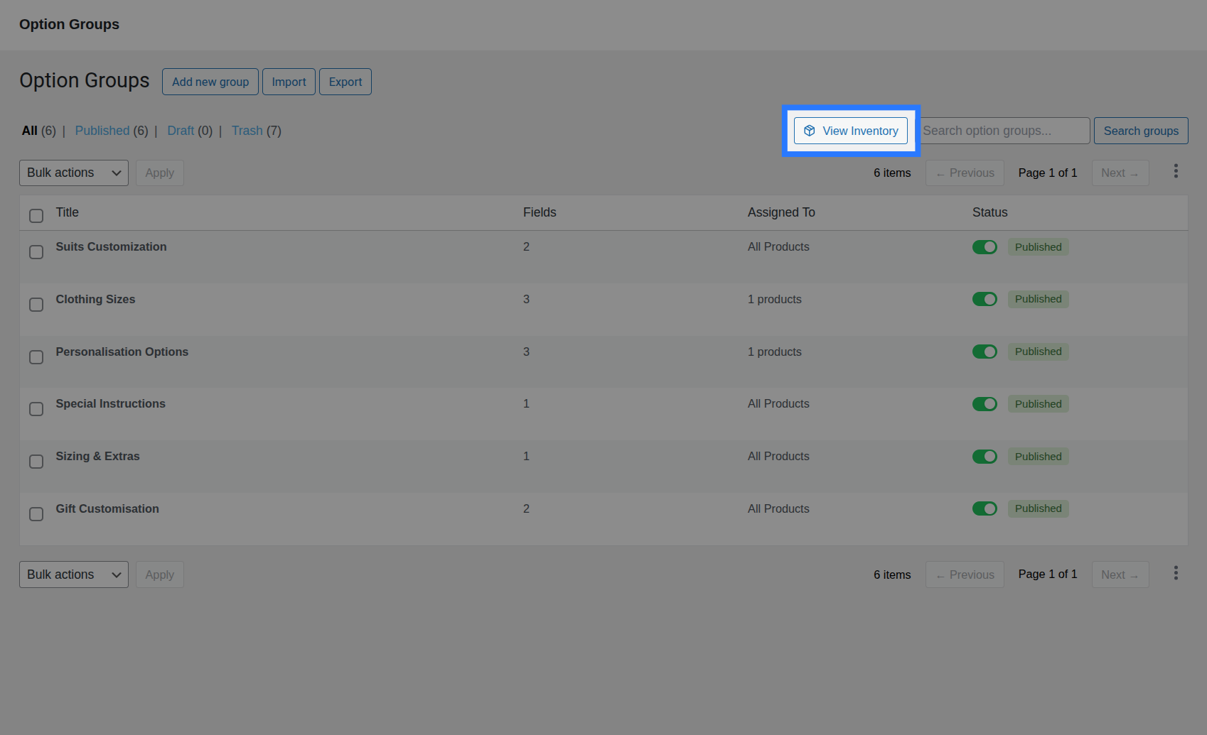 The inventory modal opened from the Option Groups list, showing the table and Add Item button