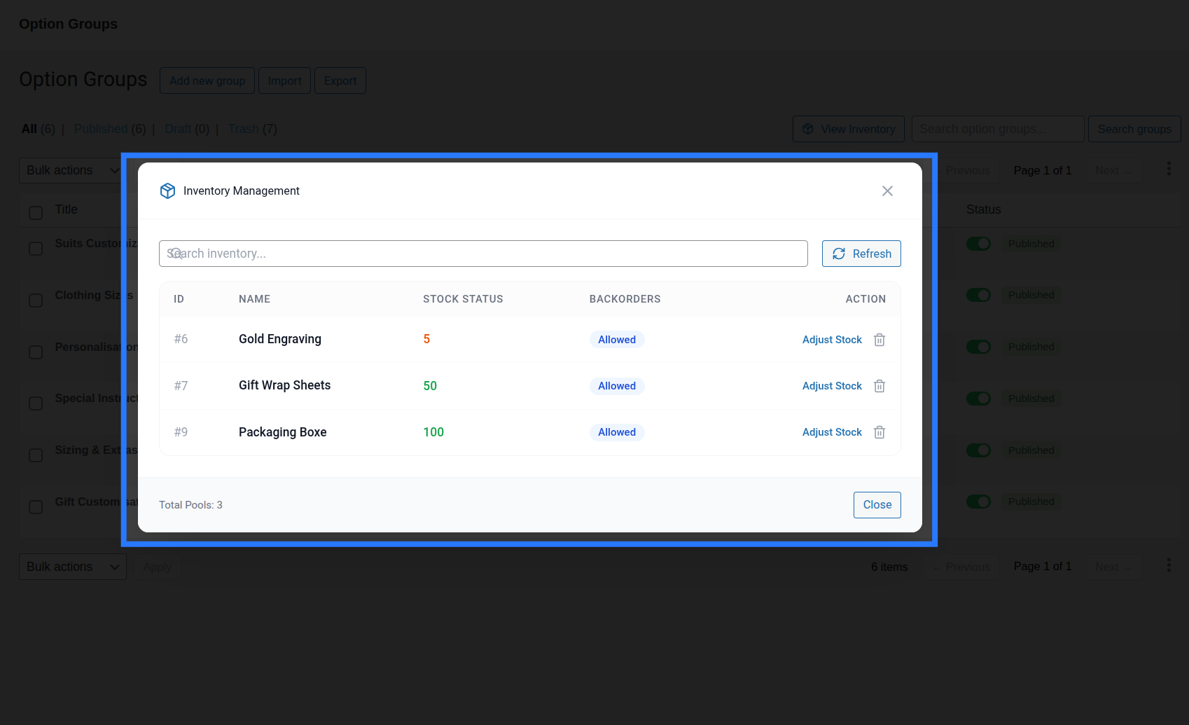 The View Inventory modal showing a table of stock items with name, stock count, backorders toggle, and edit/delete actions