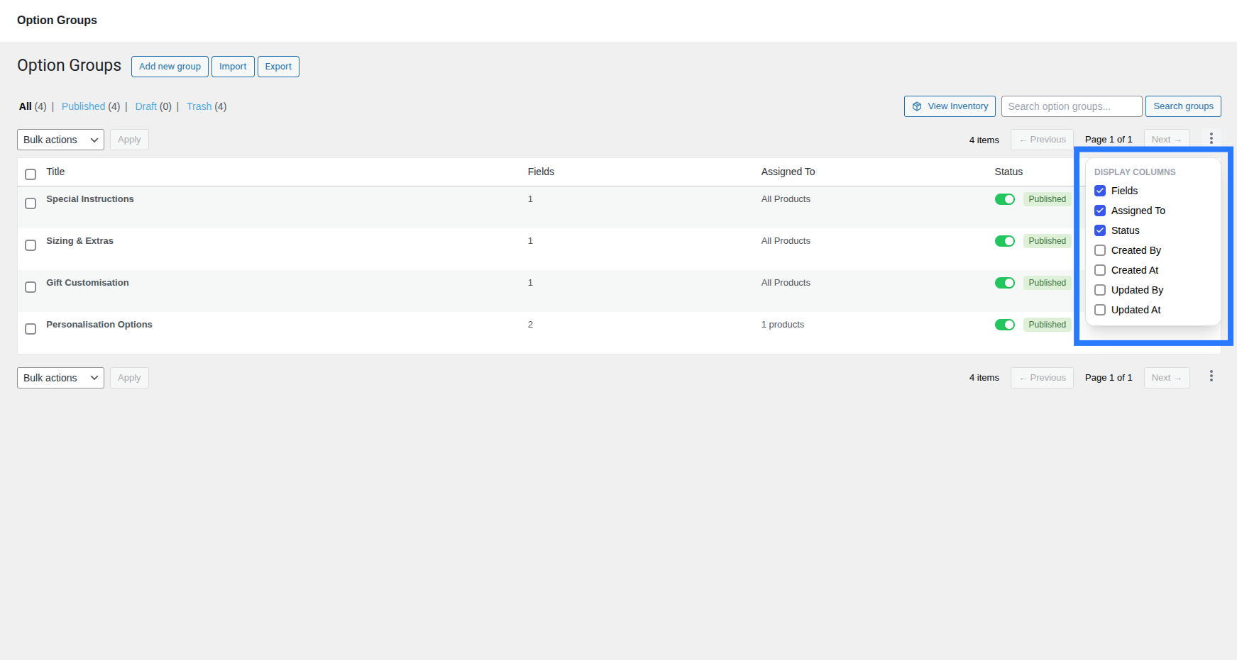 Column picker popover open, showing the list of toggleable columns