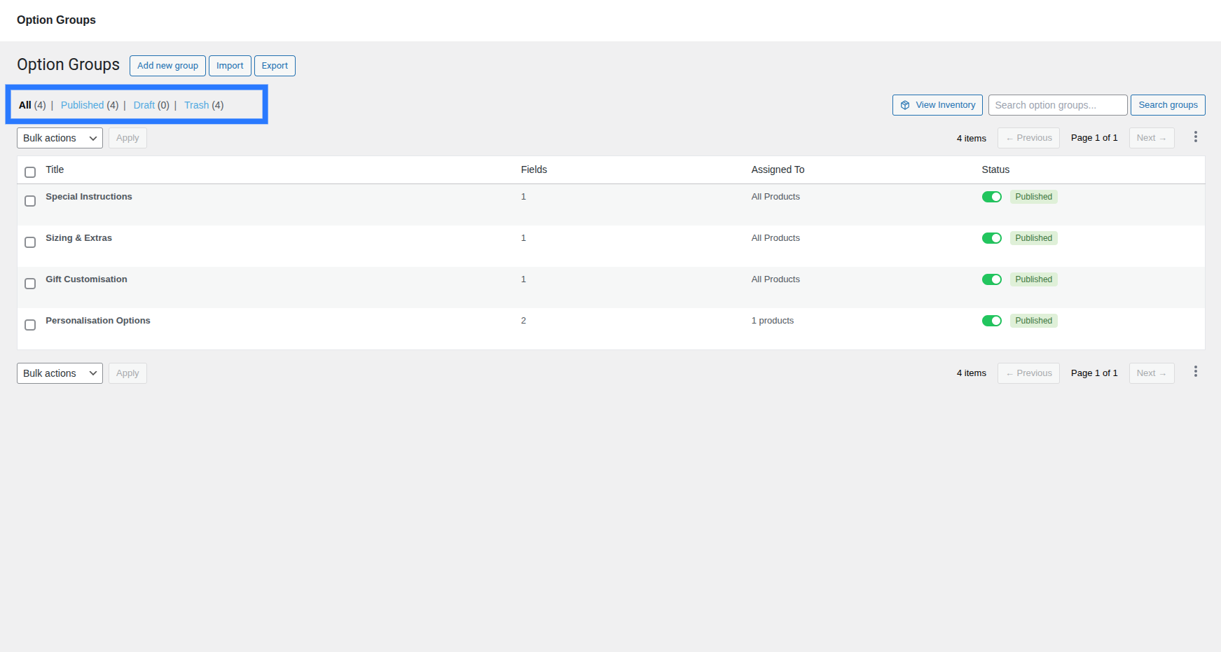 Status filter tabs showing All, Published, Draft, and Trash with item counts
