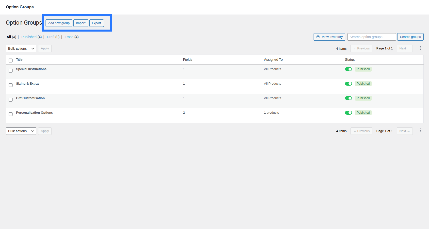 The page header showing the title, Add new group link, Import and Export buttons