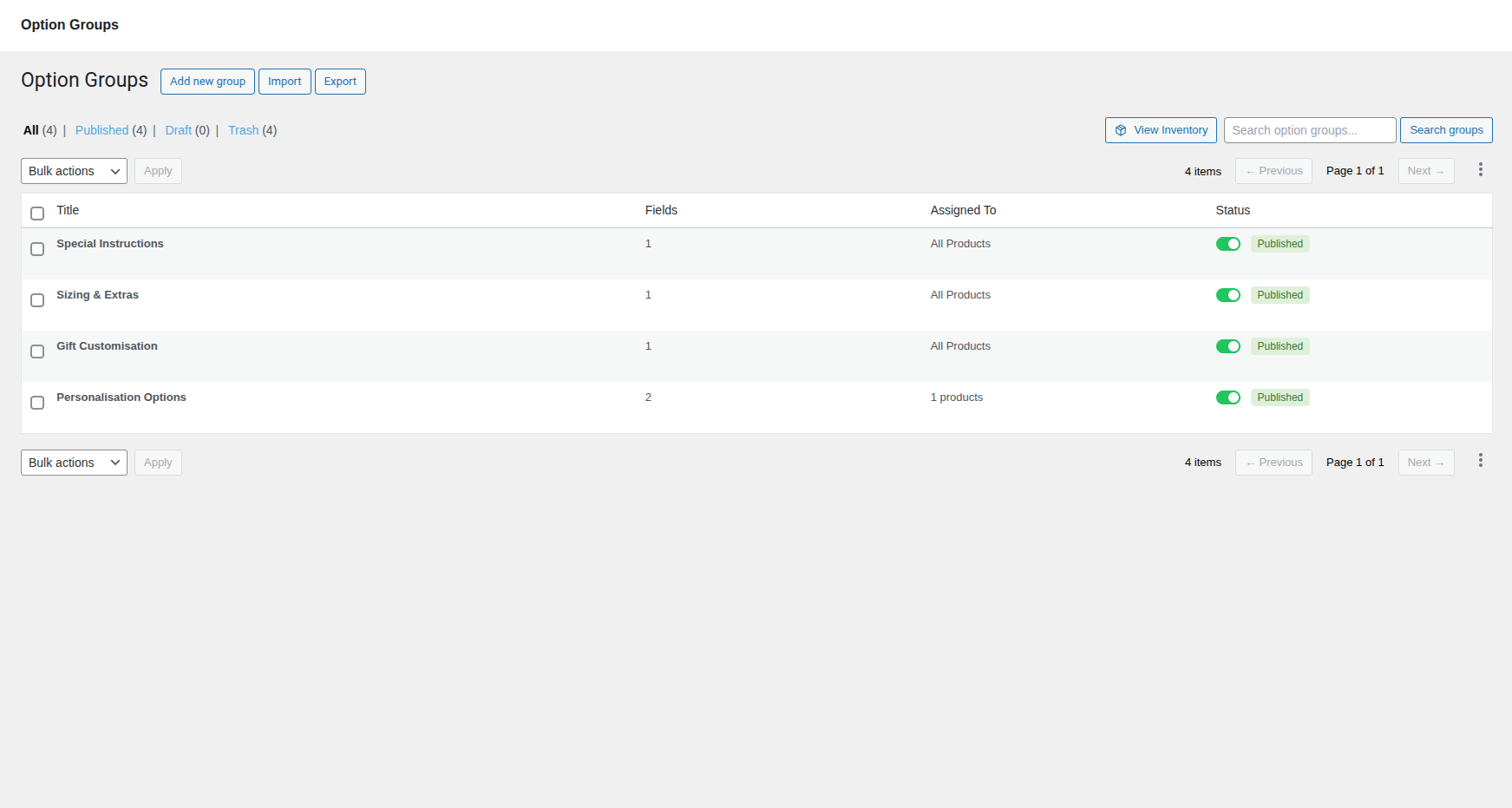 The Option Groups list screen showing the table, status filters, search bar, and action buttons