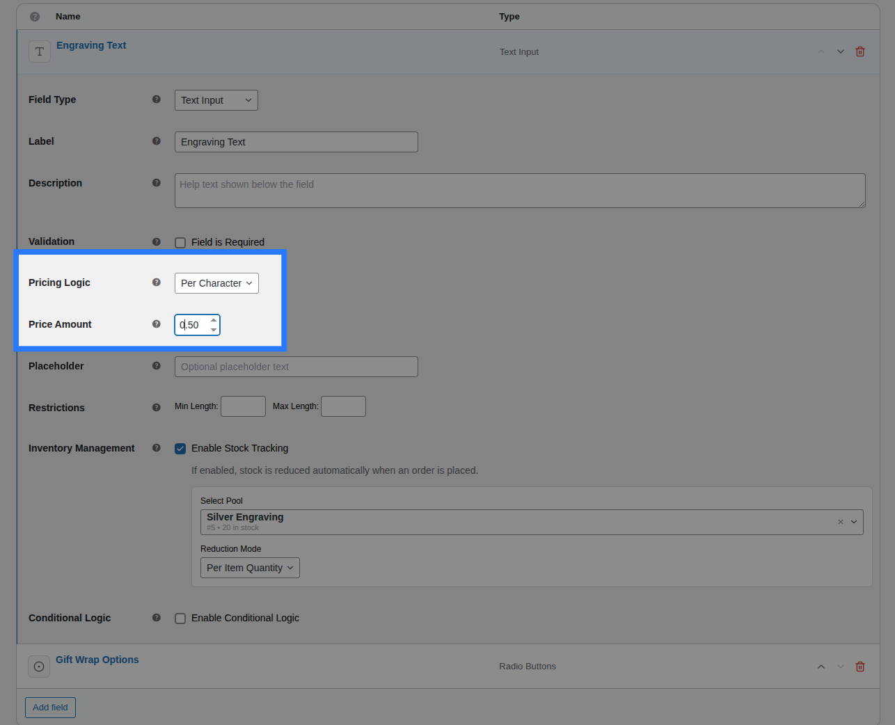 Character count pricing rate input