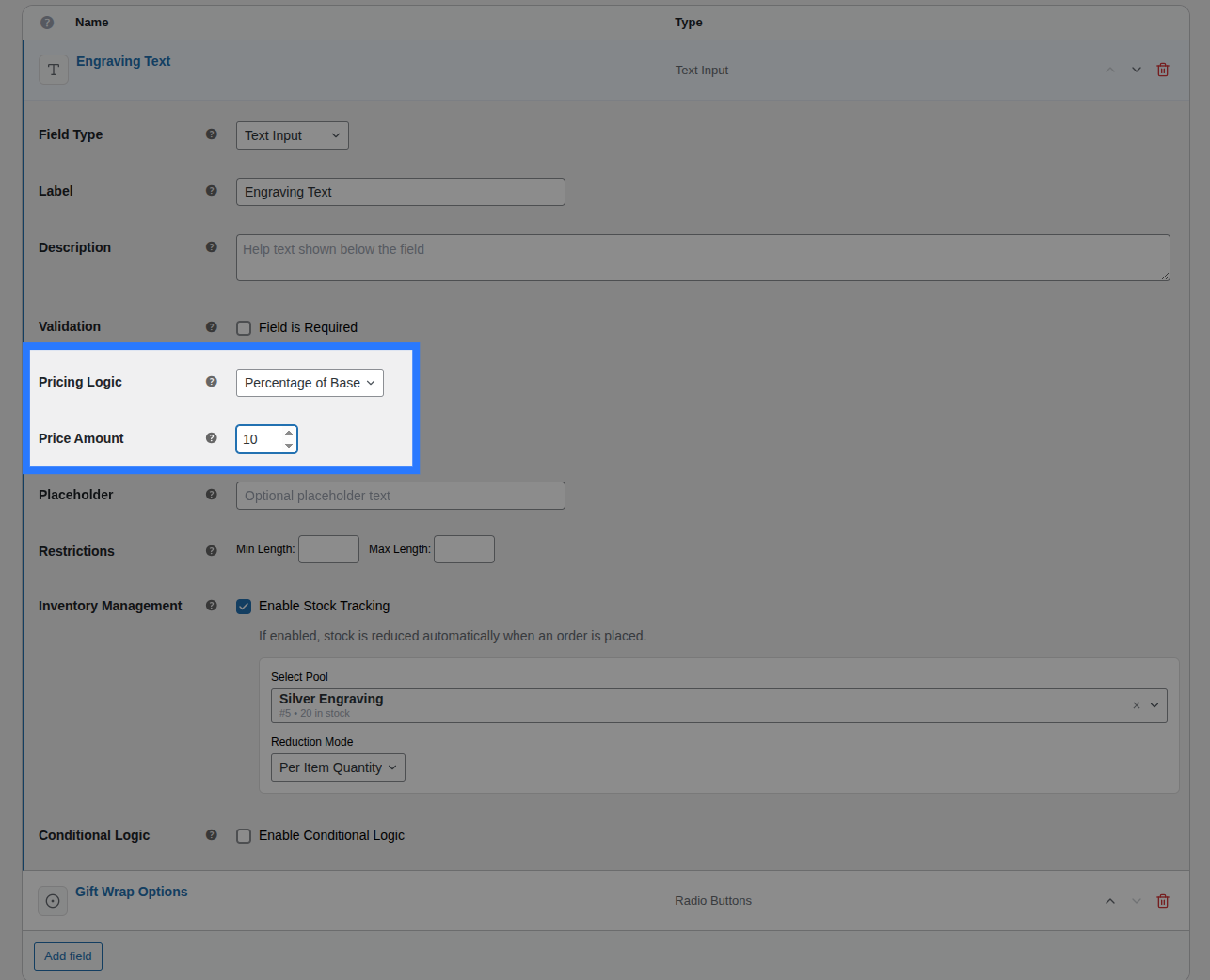 Percentage pricing input