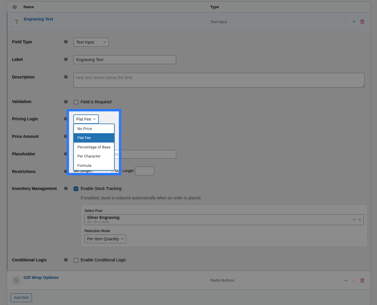 Pricing tab inside the Addon Builder showing the Price Type dropdown and Amount input