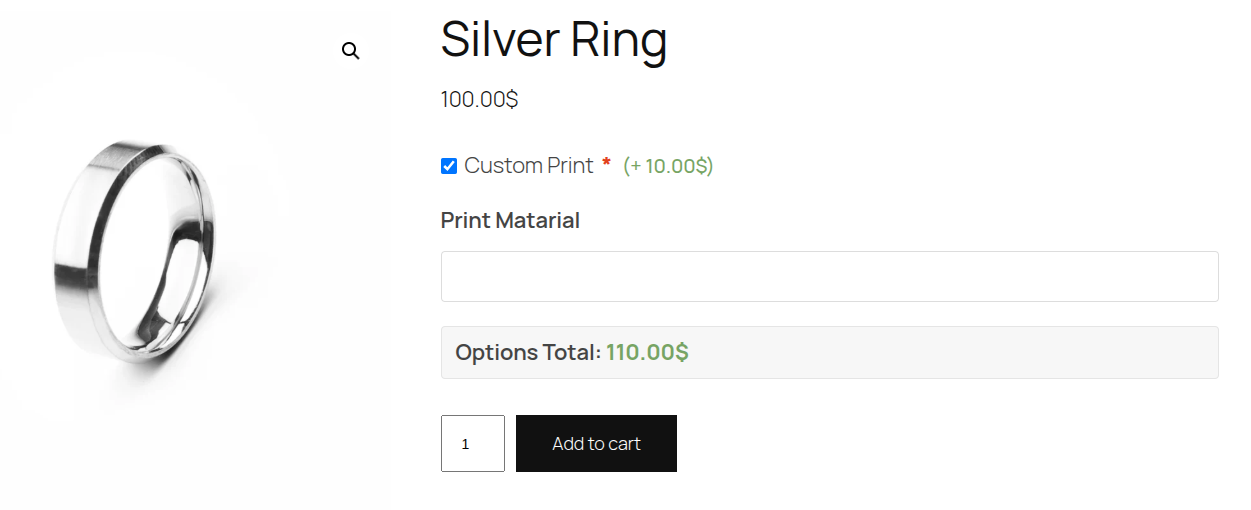 Quick start result — a product page showing the Engraving Text input and Gift Wrap radio buttons above the Add to Cart button