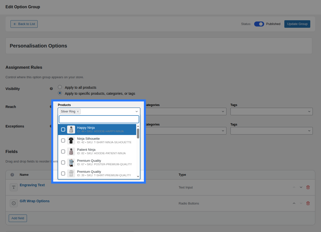 The Assignment Rules panel with a specific product selected in the Reach section