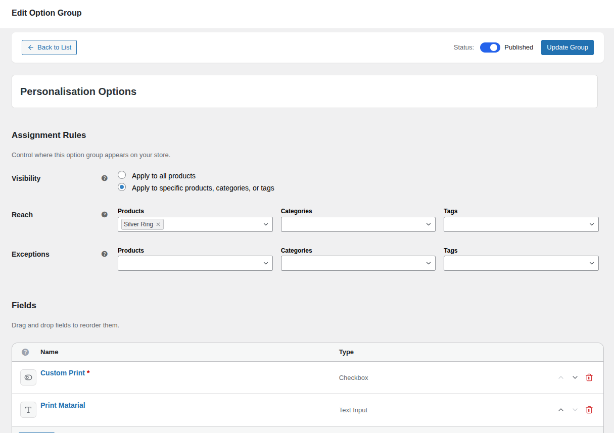 The frontend product page showing the Engraving Text input and Gift Wrap radio buttons