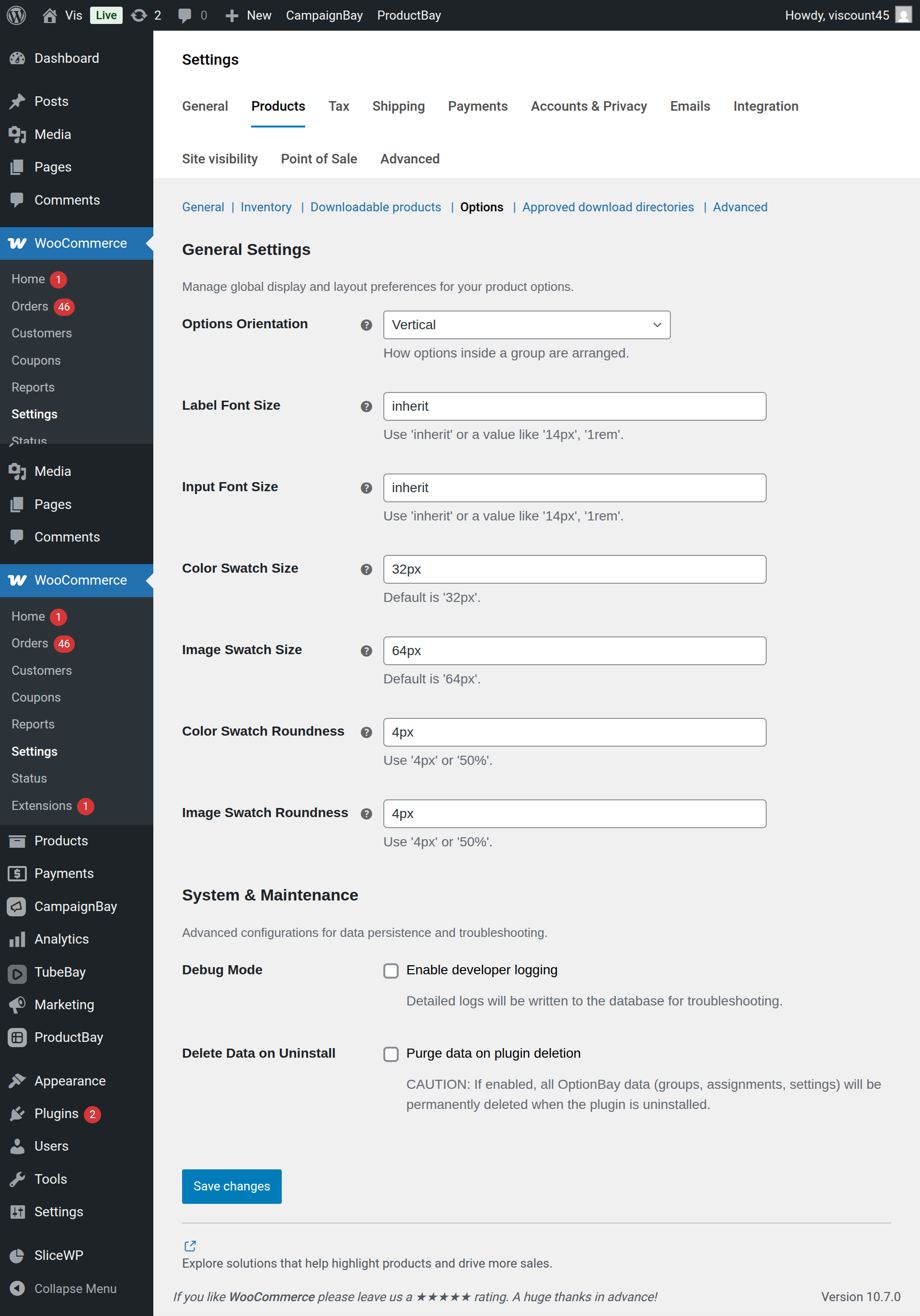 The General Settings section highlighting swatch dimensions and roundness controls