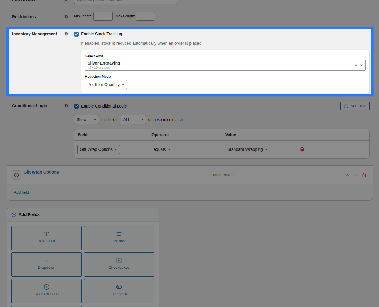 Stock tab inside the Addon Builder showing the Enable Stock toggle, inventory search, and Reduction Mode dropdown