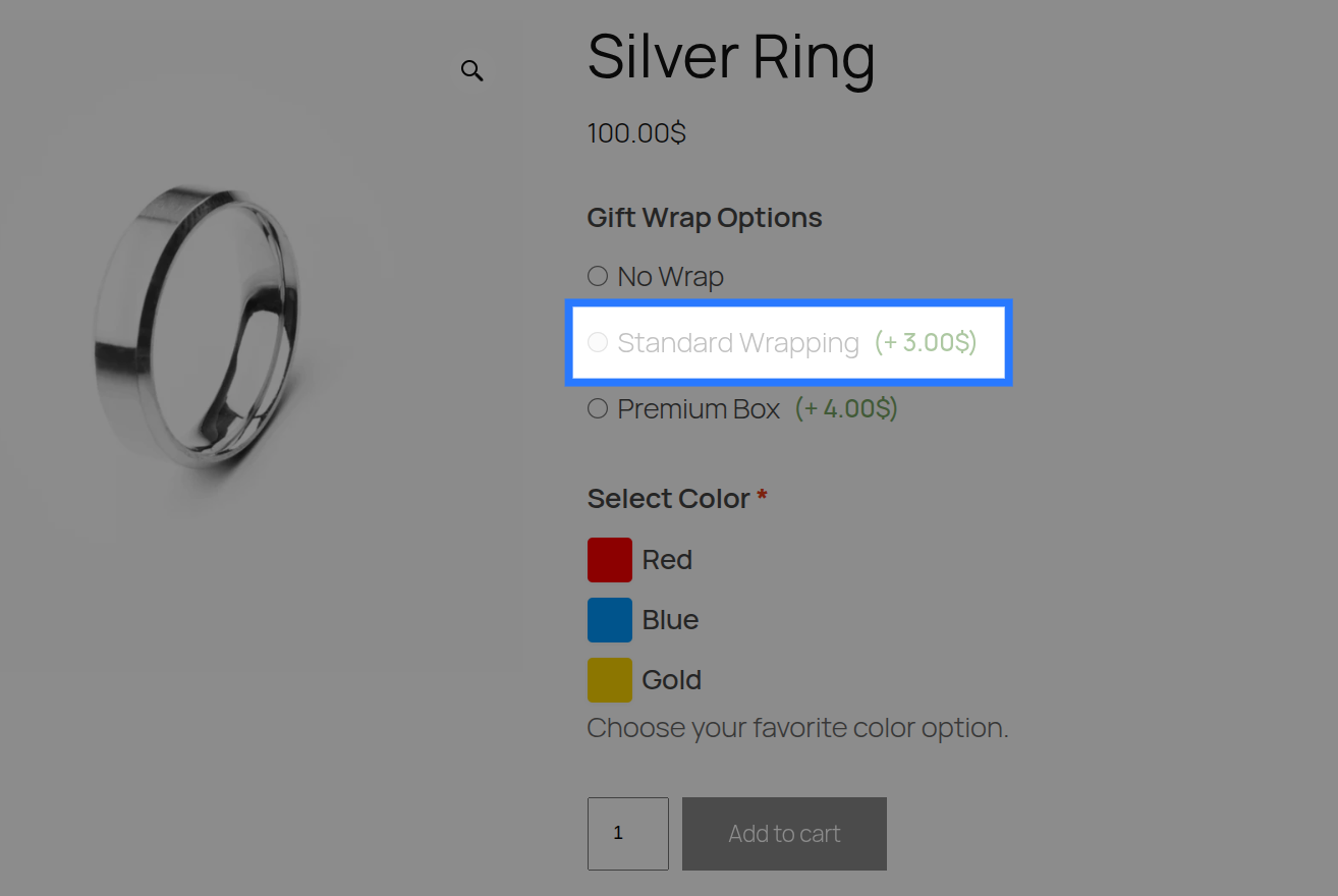 Frontend view showing an out of stock option selection disabled