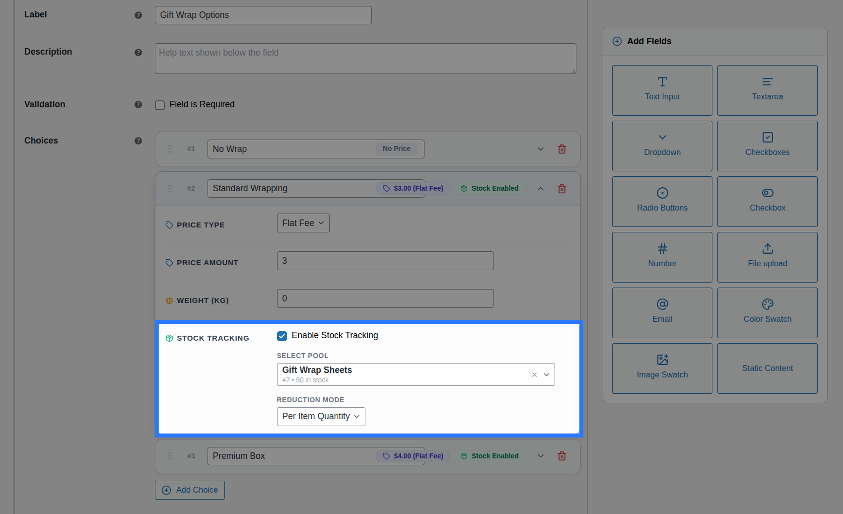 An individual choice option expanded inside the Addon Builder, showing the stock linking settings for that specific option