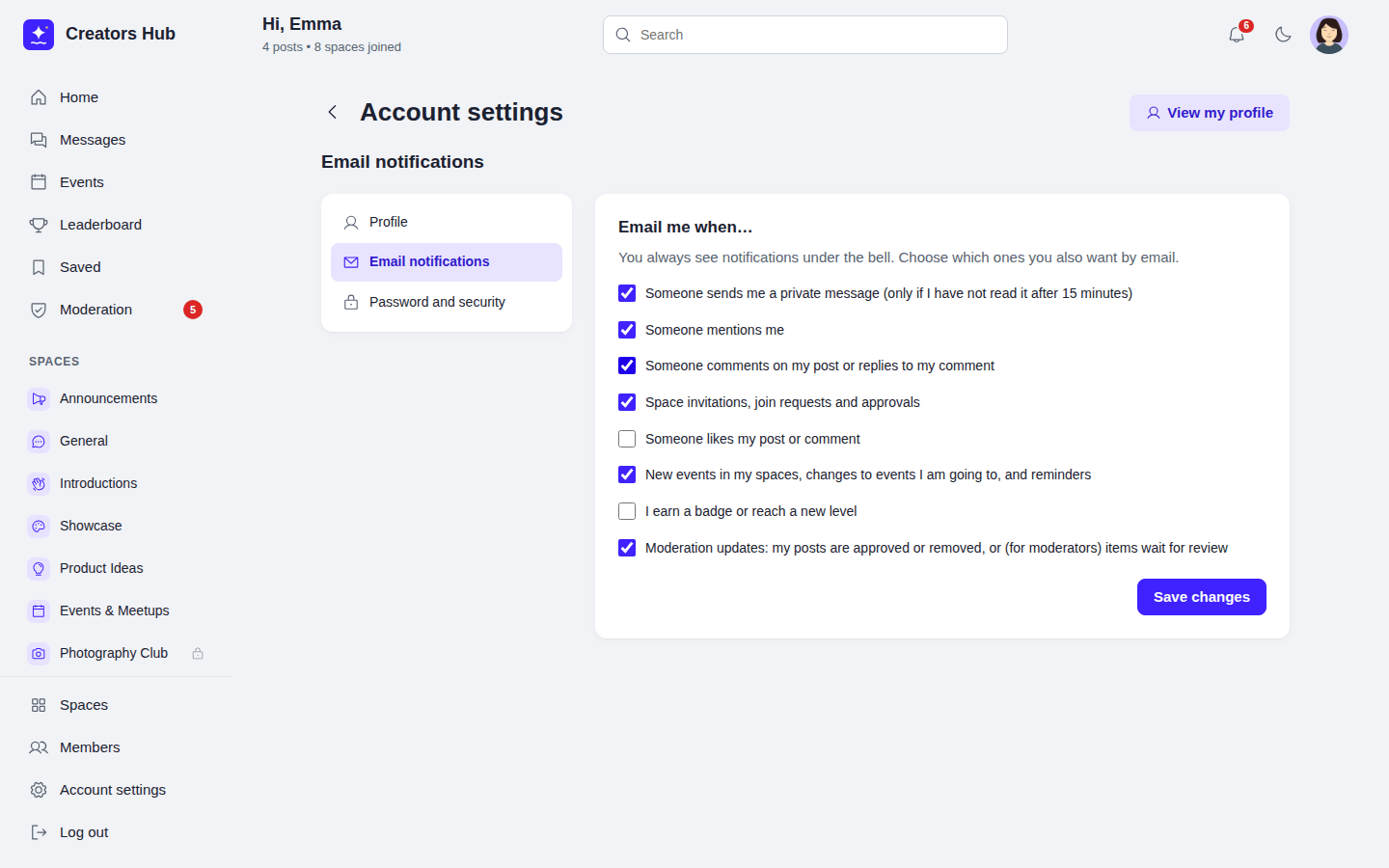 The Email me when list in Account settings, with eight tick boxes
